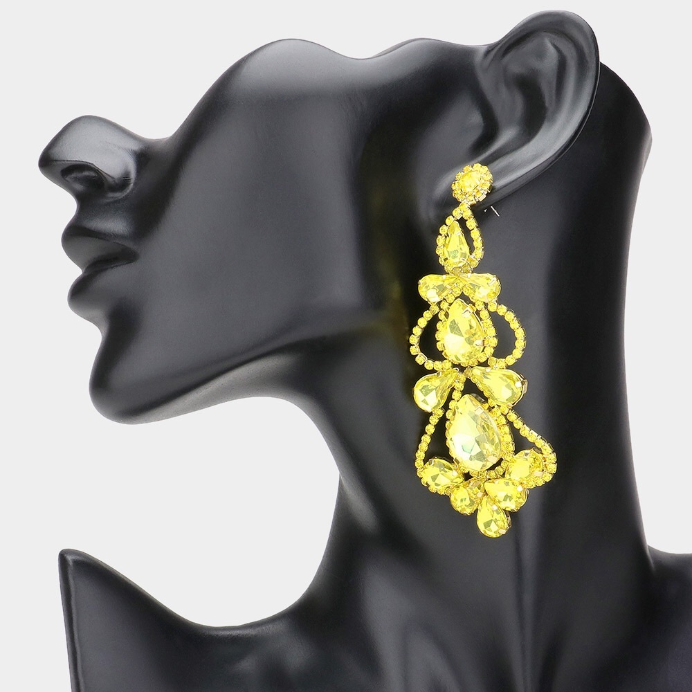 Yellow Rhinestone Embellished Chandelier Statement Earrings
